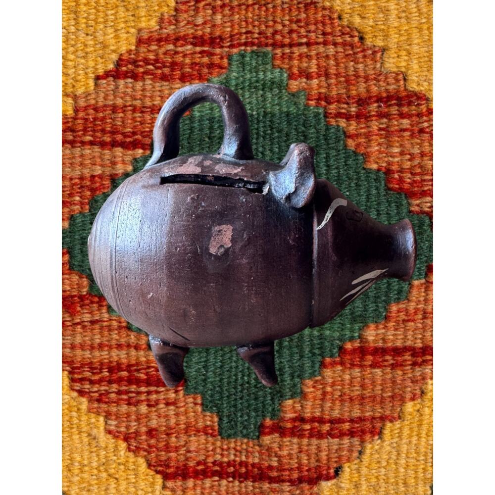 Vintage Mexican Folk Art Terracotta Piggy Bank with Handle 5” Brown Pottery - Picture 3 of 8